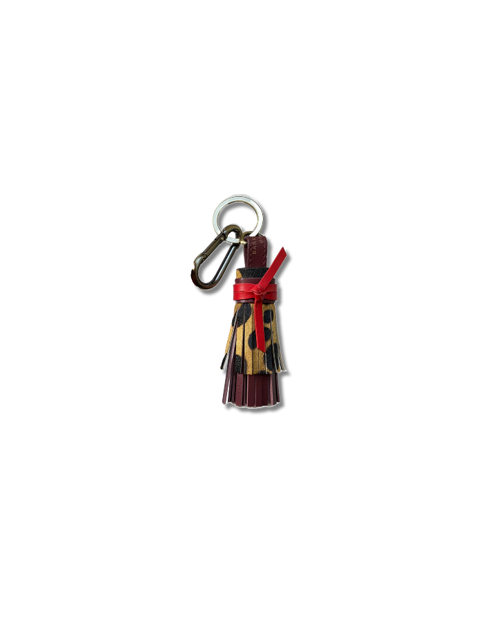 Tassel Keyring in Leopard Leather with Red & Deep Merlot Red