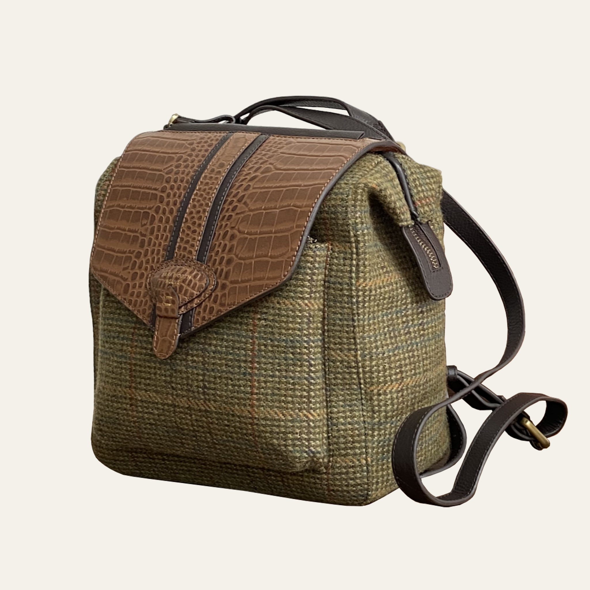 Bramham in Field Green Tweed & Tan Croc Embossed Leather