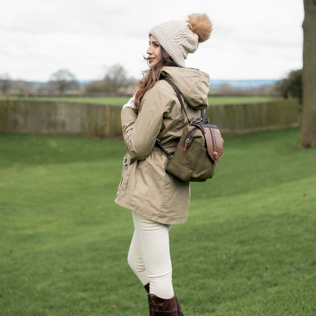 Bramham in Field Green Tweed & Tan Croc Embossed Leather