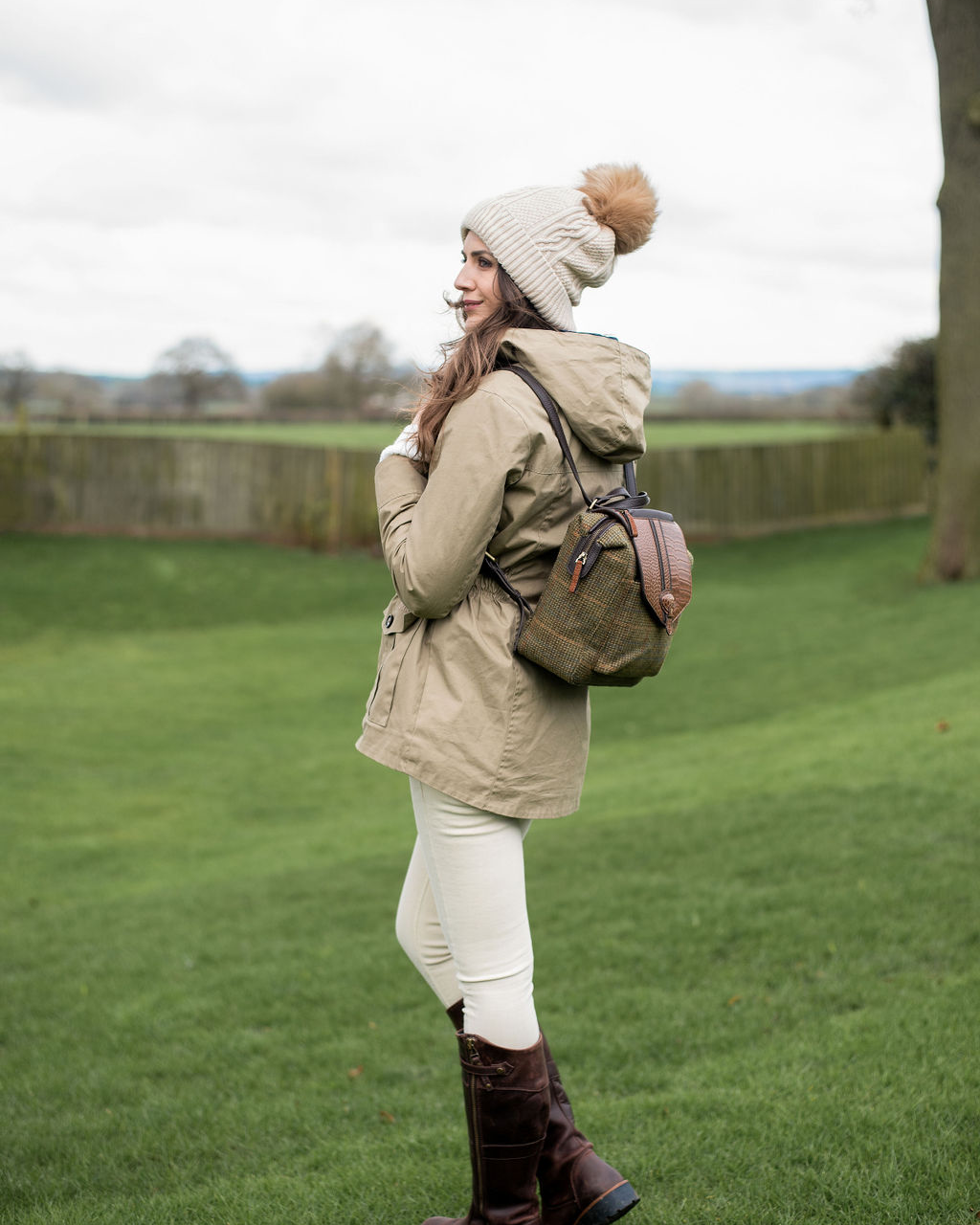 Bramham in Field Green Tweed & Tan Croc Embossed Leather