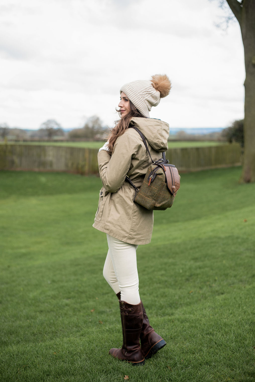 Bramham in Field Green Tweed & Tan Croc Embossed Leather