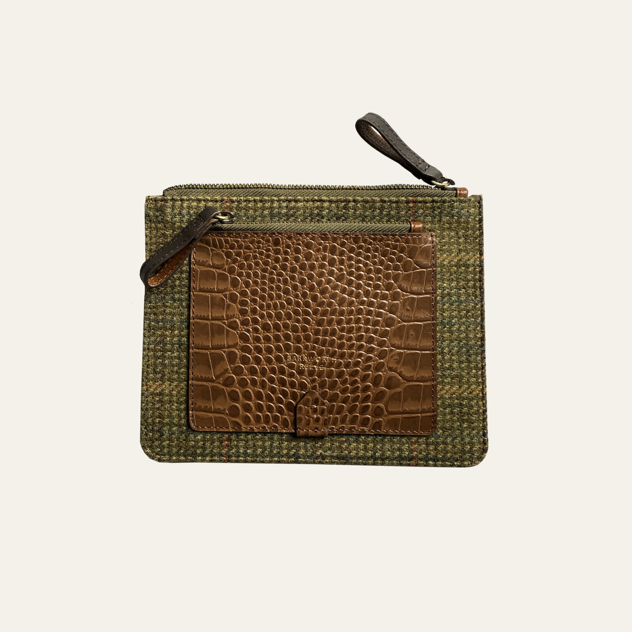 Nettleham Zipped Pouch in Green Tweed With Croc Leather Trim