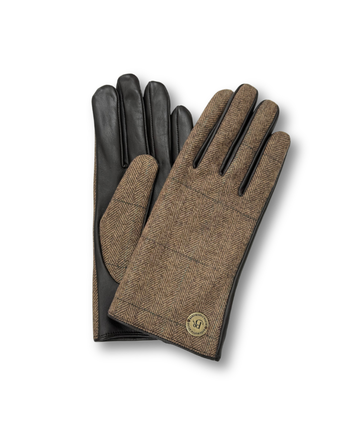 Tweedie Gloves in Herringbone Tweed & Chocolate Lambskin