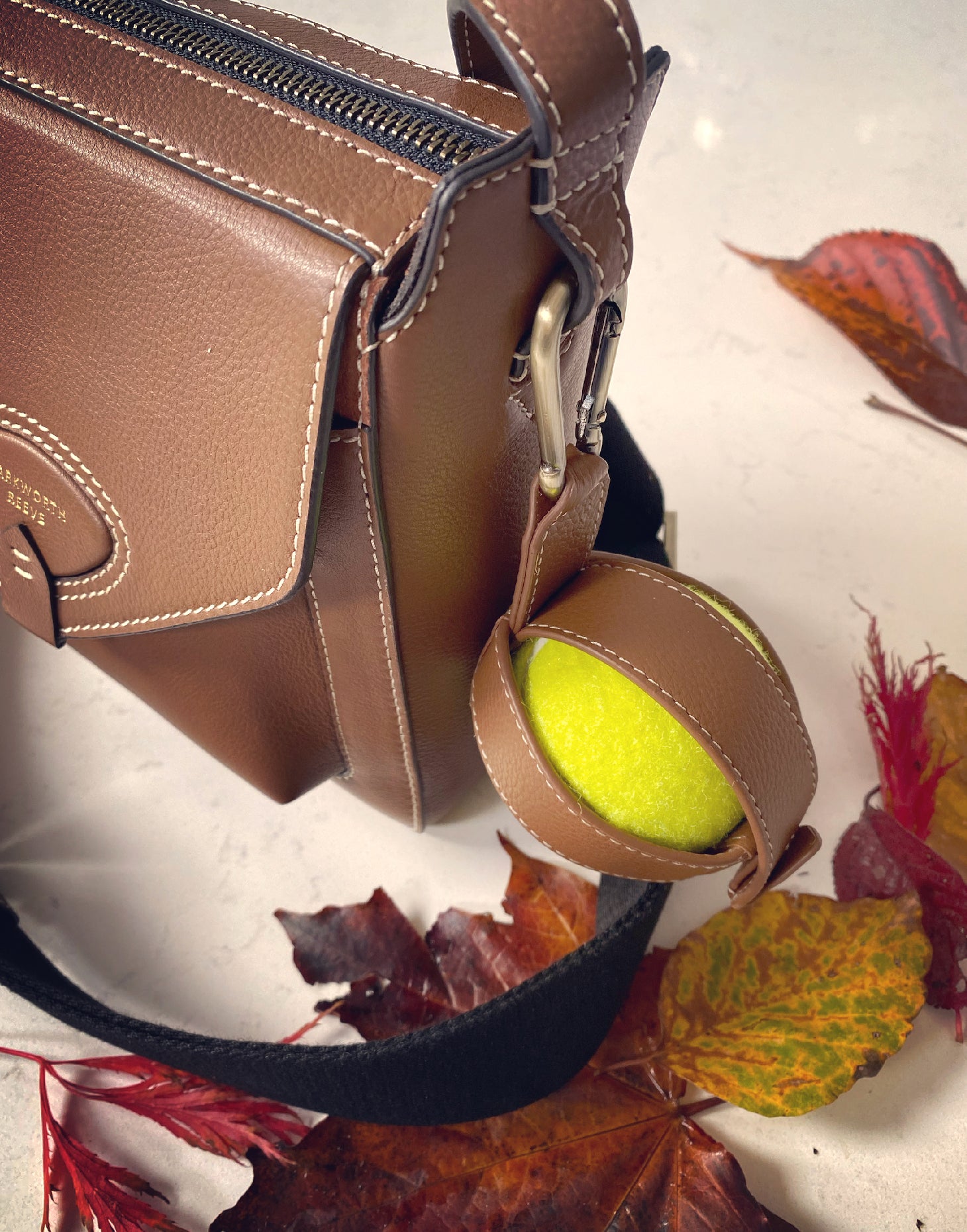 Dog Ball Holder in Tan Leather