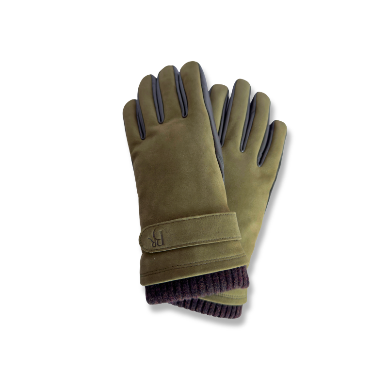 Wilding, Fur Lined, Olive Nubuck & Chocolate Leather Gloves
