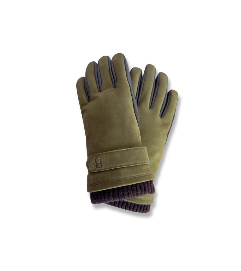 Wilding, Fur Lined, Olive Nubuck & Chocolate Leather Gloves