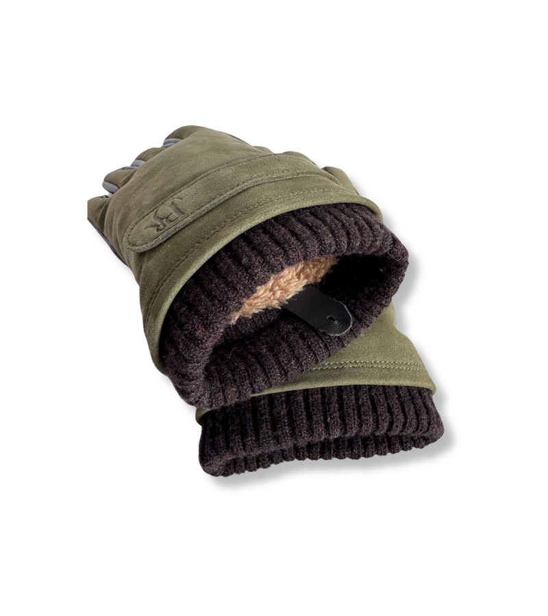 Wilding, Fur Lined, Olive Nubuck & Chocolate Leather Gloves