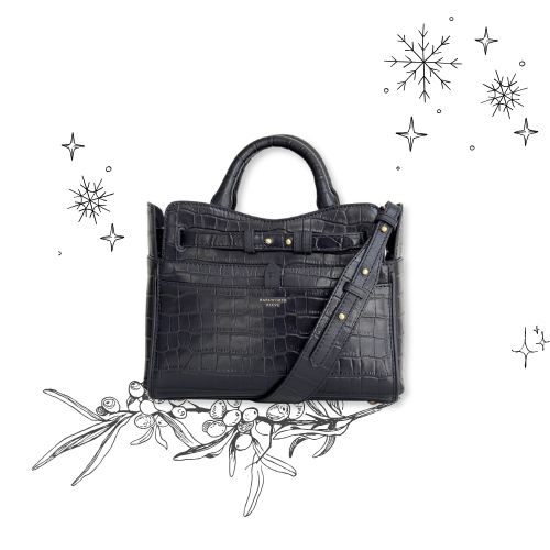 Ambridge Navy Croc Leather Handheld Bag with Detachable Shoulder Strap