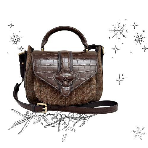 Belton Saddle Bag in Tweed & Chocolate Brown Croc Leather with Adjustable & Detachable Shoulder Strap