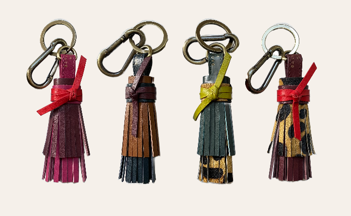 multi coloured leather tassel keyrings 