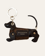 chocolate brown leather dachshund keyring, with tweed coat and gold keyring split ring