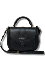 Black leather handbag with a strap on a white background