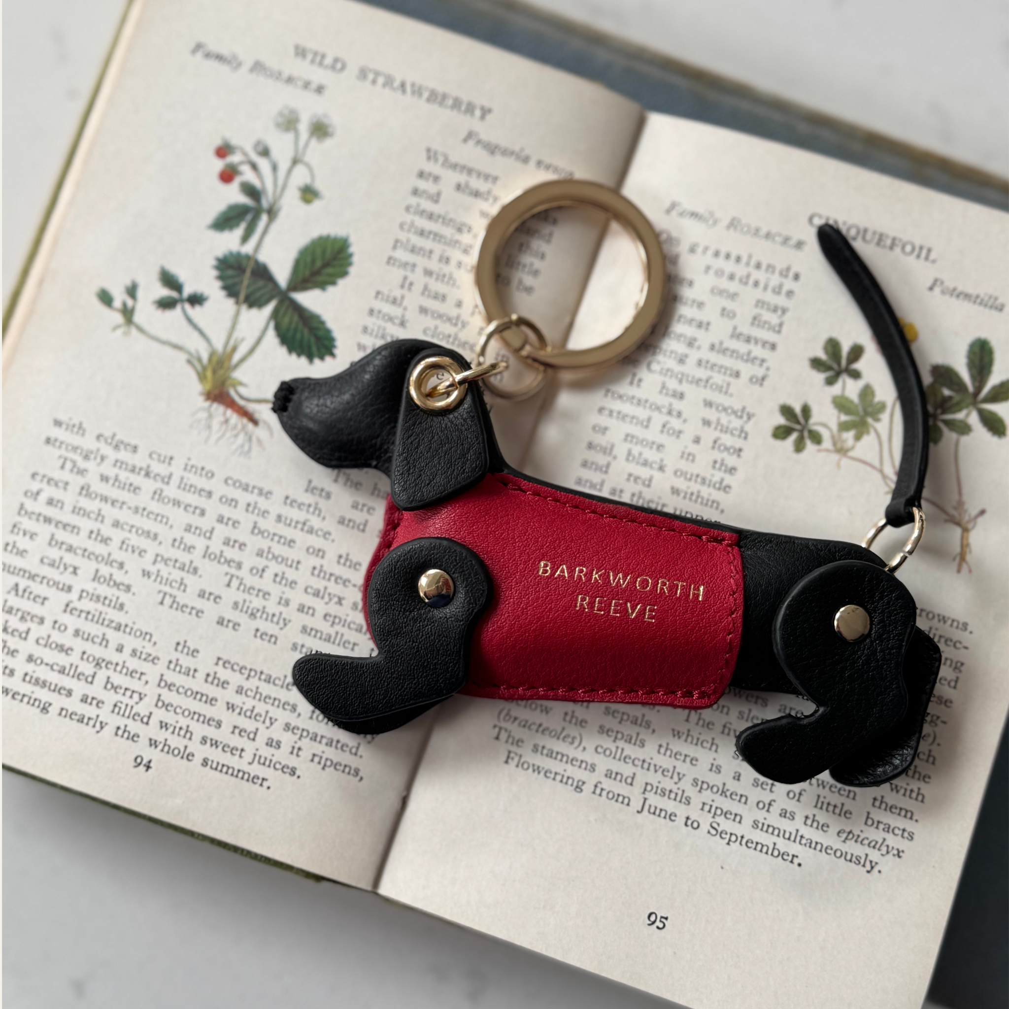 Sausage Dog Keyring in Black & Red Leather