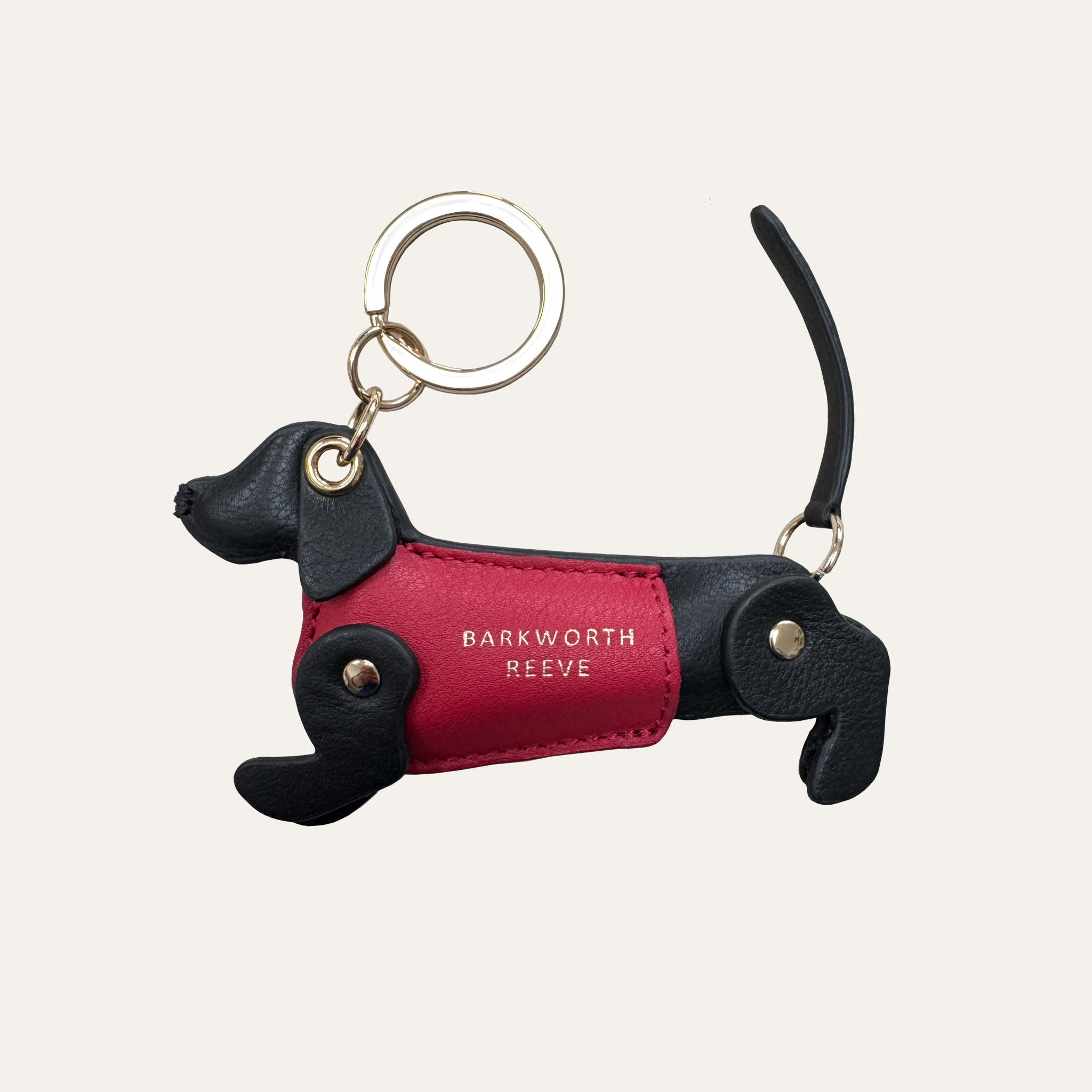 Sausage Dog Keyring in Black & Red Leather