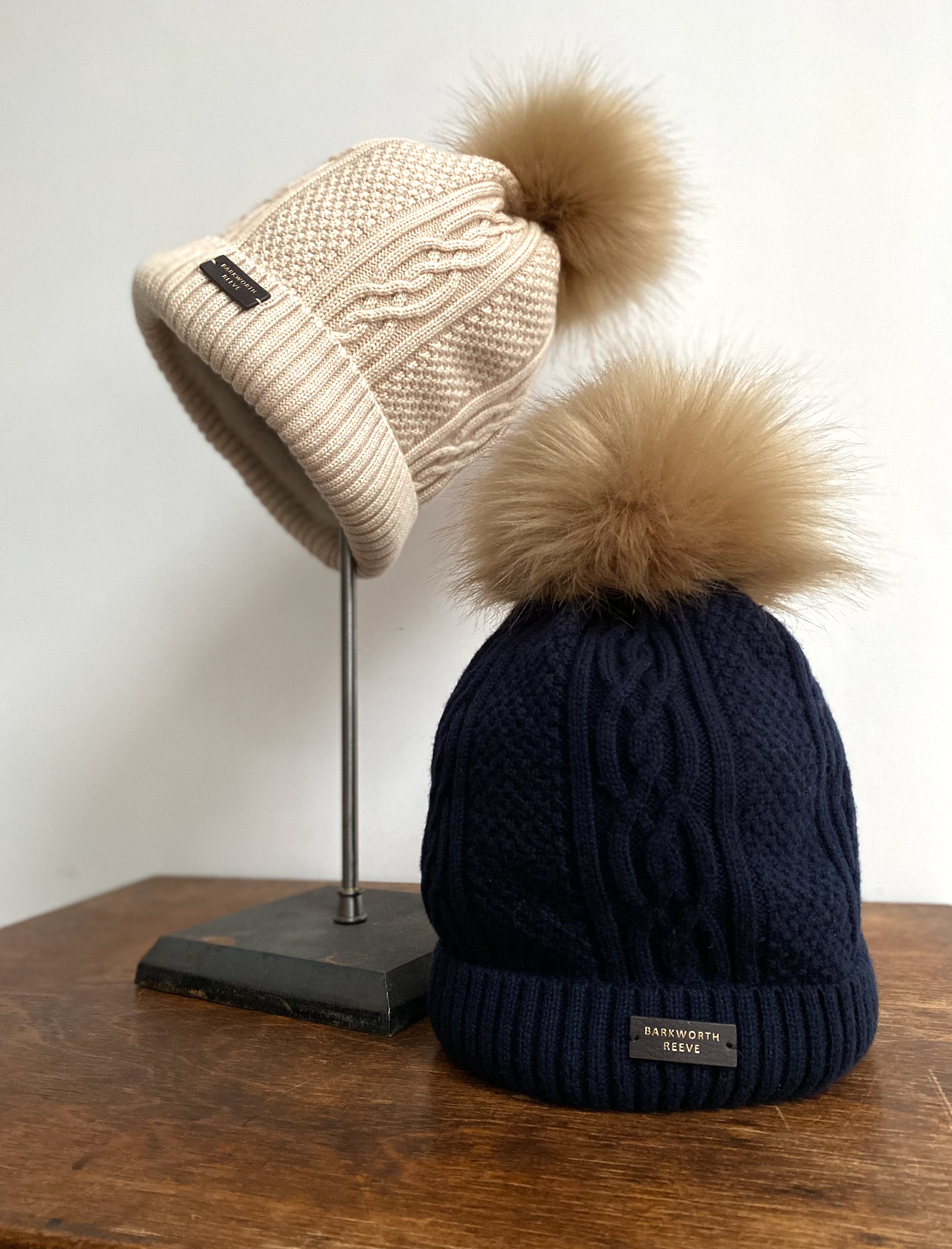 Knitted, Lined Bobble Hat in  Cream Cashmere, Wool & Cotton Mix Yarn