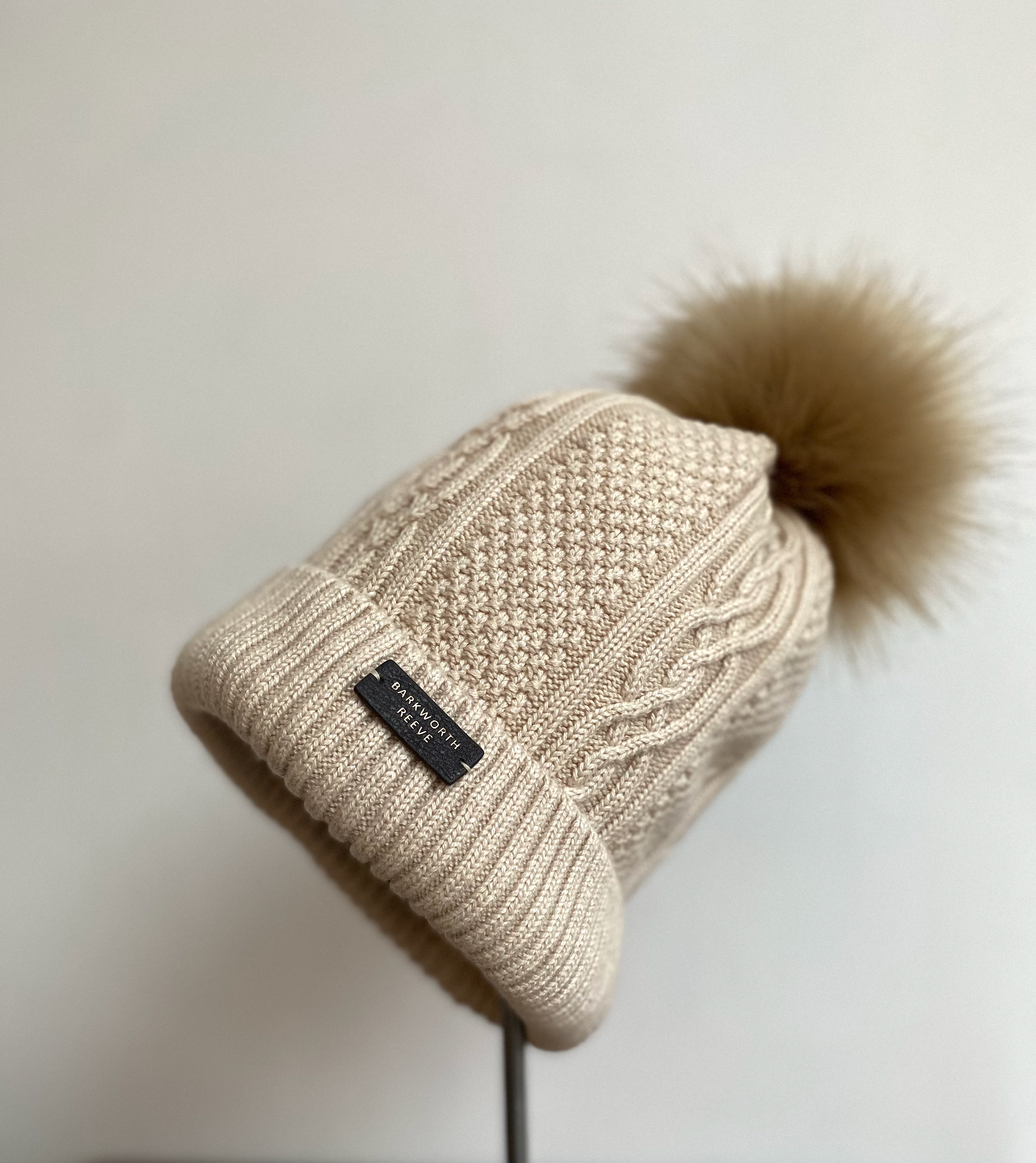 Knitted, Lined Bobble Hat in  Cream Cashmere, Wool & Cotton Mix Yarn