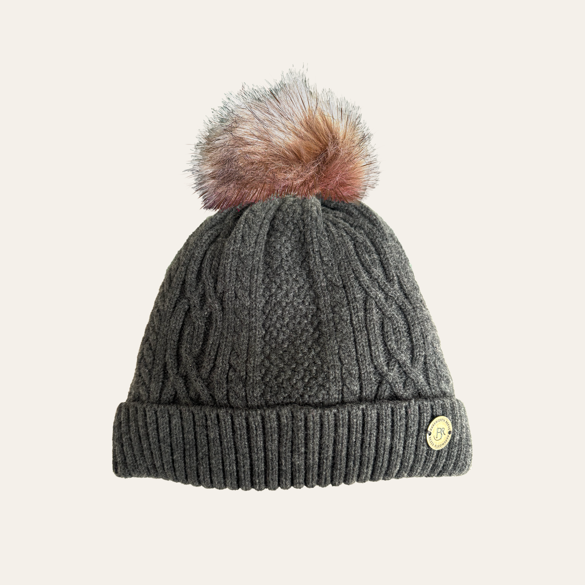 Bobble Hat Dark Charocal Grey cashmere mix yarn fully fleece lined