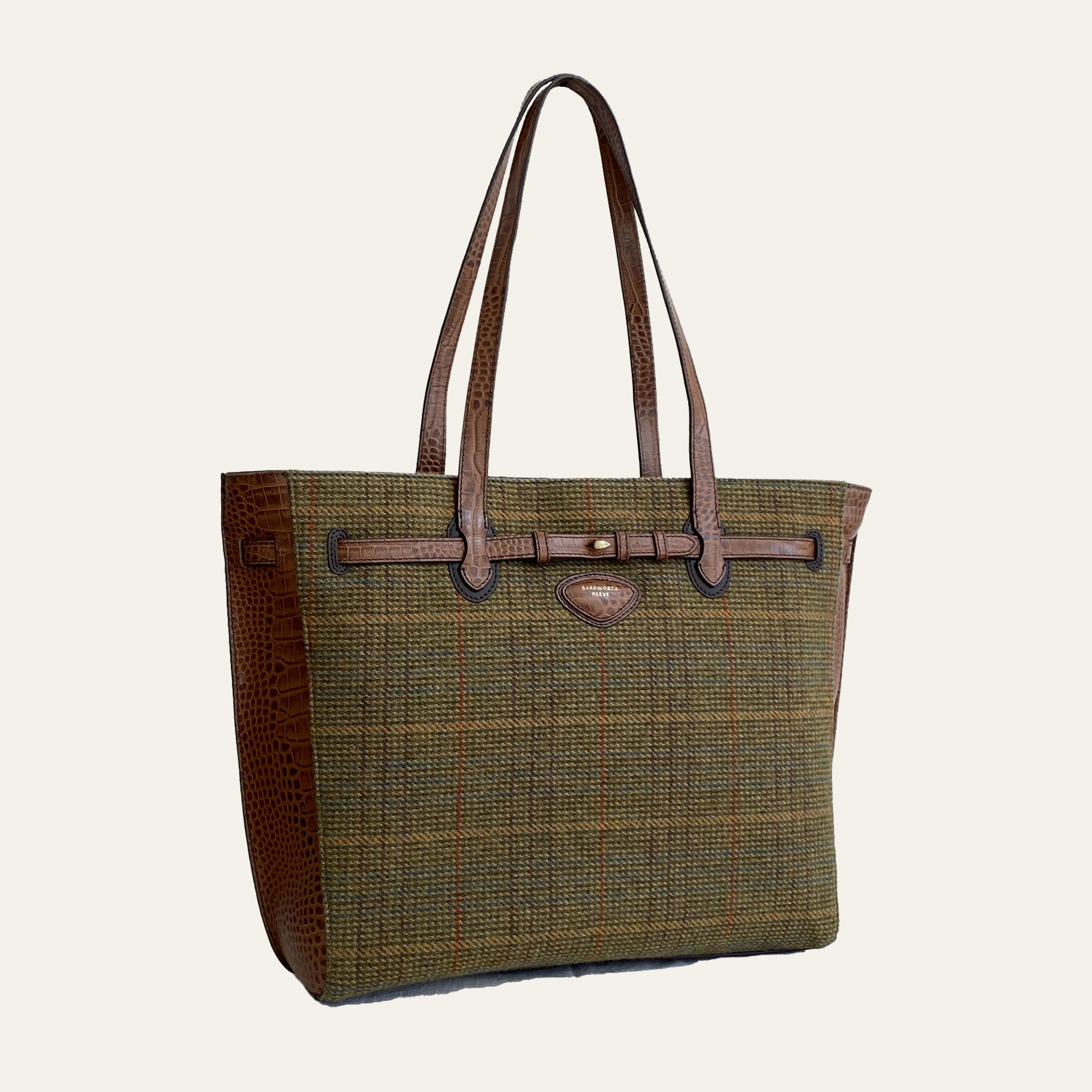 Doddington Tote Bag in Country Green Tweed with Croc Leather Trim & Zip Closure