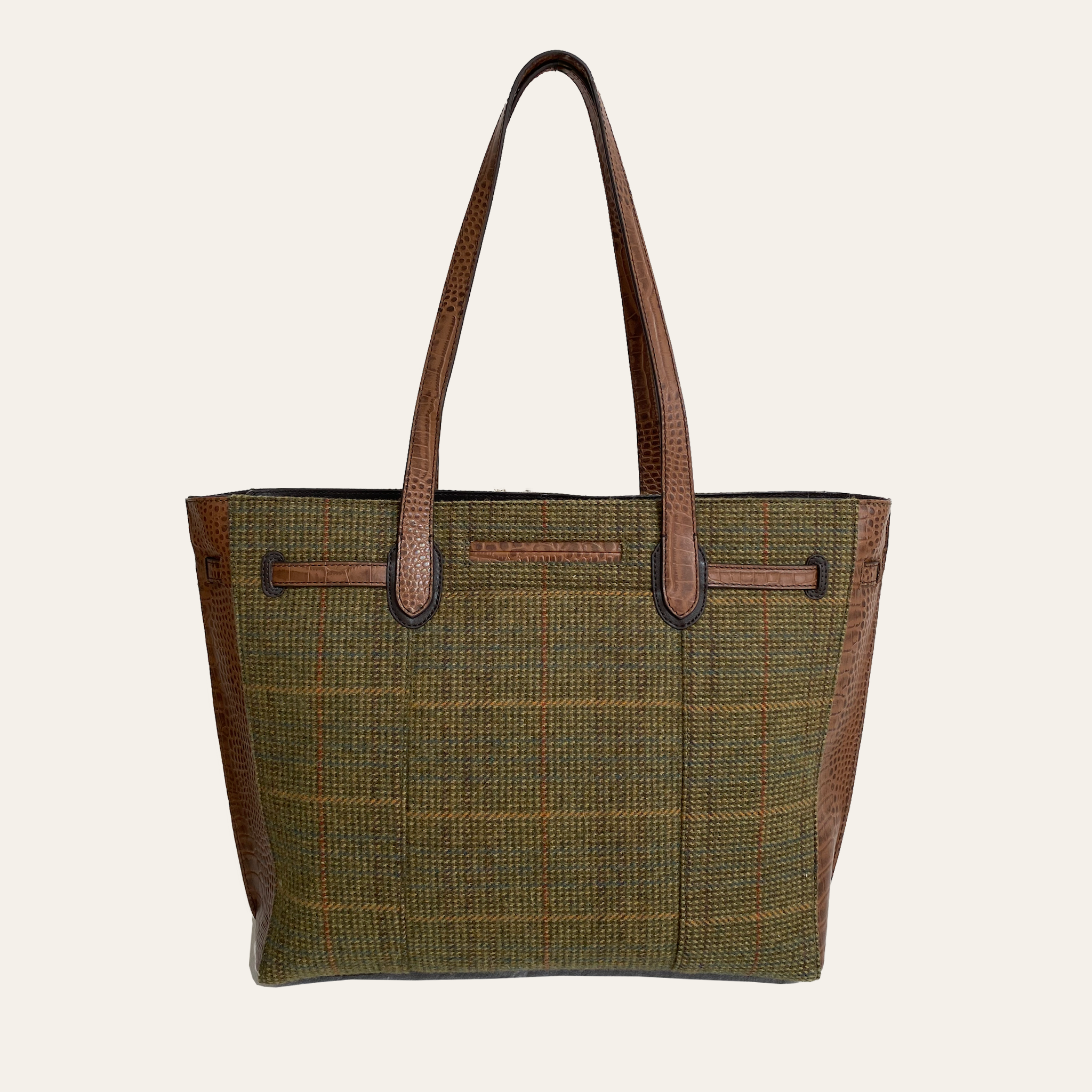 Doddington Tote Bag in Country Green Tweed with Croc Leather Trim & Zip Closure