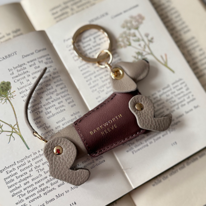 grey abd dark pink sausage dog keyring laid on a book