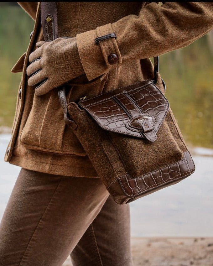 Hackthorn Cross Body in Tweed & Embossed Chocolate Croc
