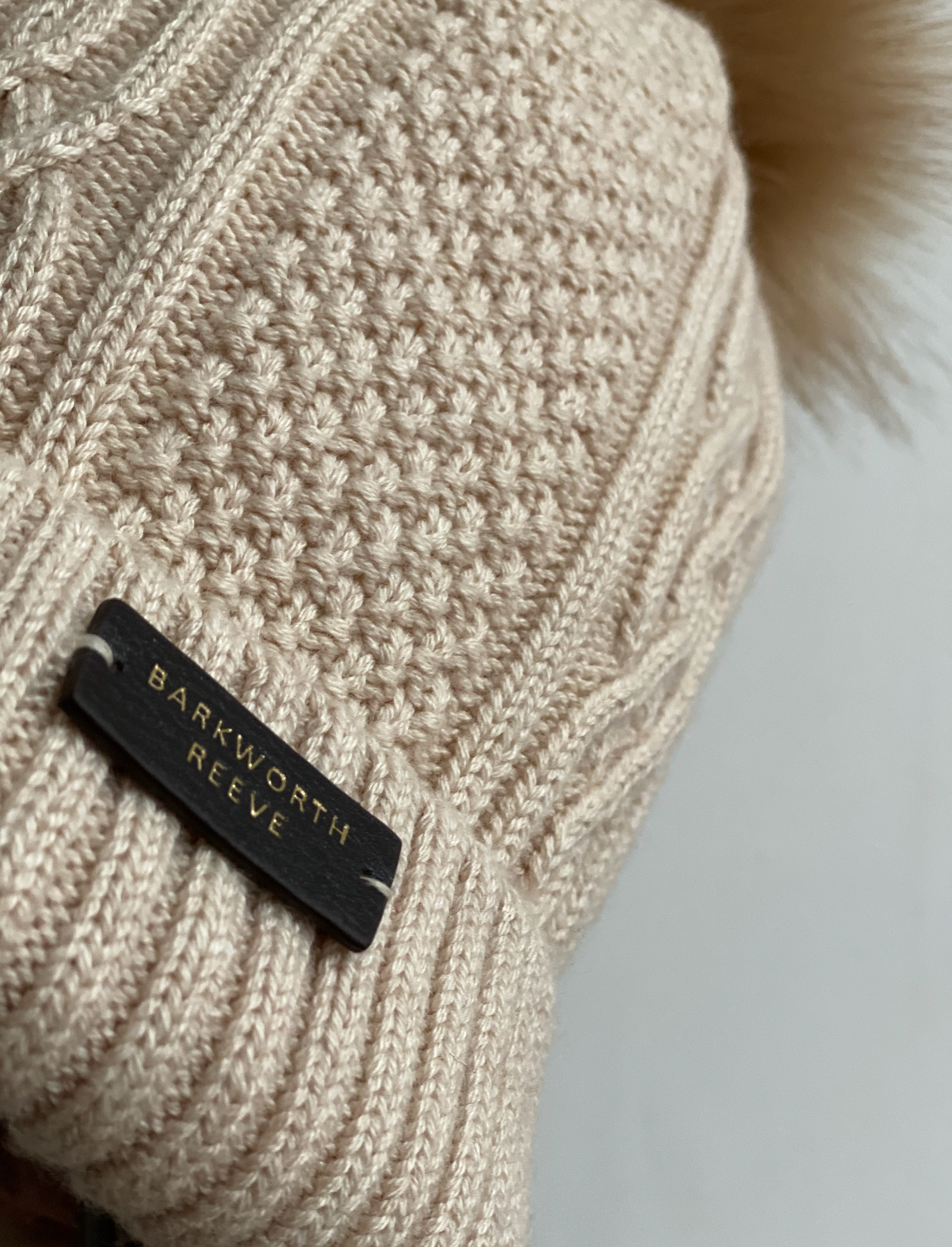 Knitted Lined Bobble Hat in Cream Cashmere Wool Cotton Mix Yarn