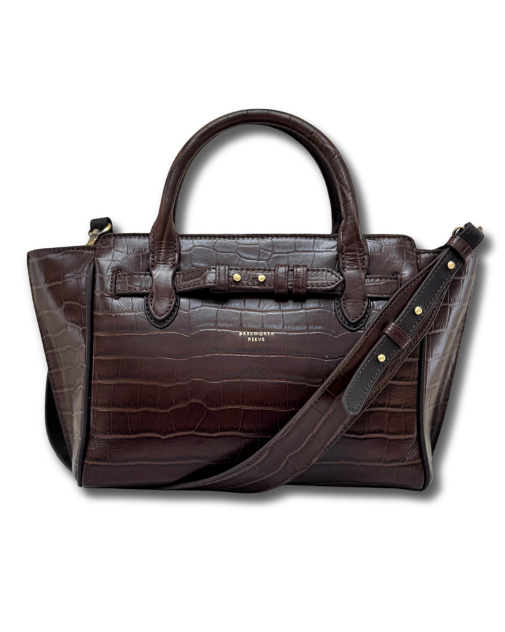 CHOCOLATE CROC HANDBAG WITH STRAP DETAIL, DARK BROWN PIPING AND A SHOULDER STRAP