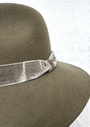 close up of olive wool fedora with a velvet band 