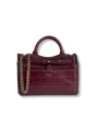 A burgundy crocodile-embossed leather handbag with a top handle, gold chain strap, and gold hardware, shown on a plain white background.