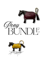 Two leather pony-shaped keychains on a white background with the text 'Pony BUNDLE' between them. The top keychain is dark brown with a burgundy leather panel and a gold carabiner.