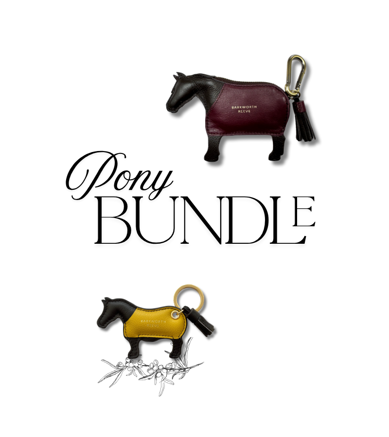 Two leather pony-shaped keychains on a white background with the text 'Pony BUNDLE' between them. The top keychain is dark brown with a burgundy leather panel and a gold carabiner.