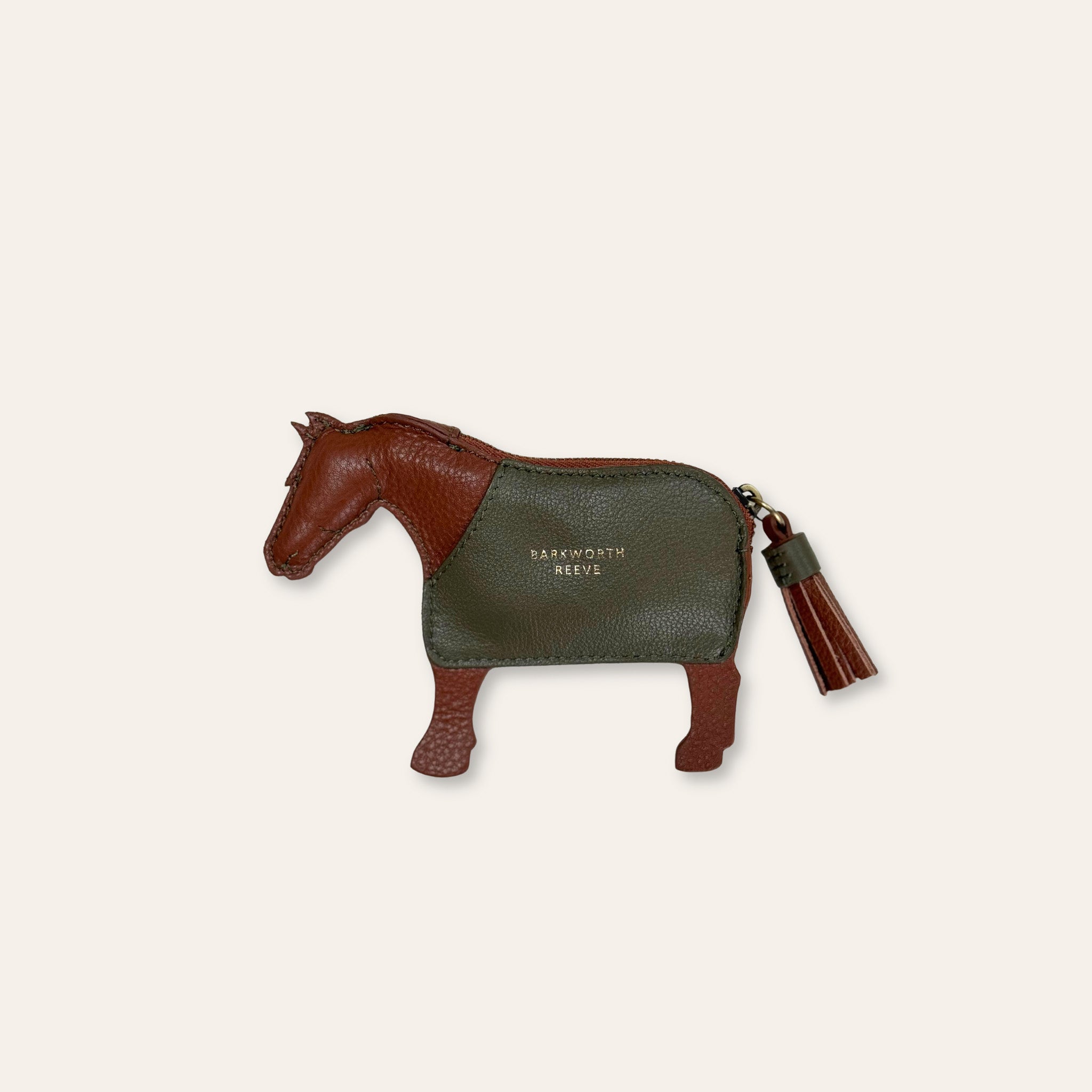 Leather Pony Coin Purse: Chestnut with Olive Rug and Zip Closure