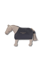 light grey leather coin purse in the shape of a pony with a navy coat. tassel tail zipper