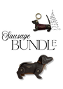 A product collage on a white background showing a dachshund-shaped keychain and a dachshund-shaped wallet, both in dark brown leather with gold-tone hardware. Large text reads 'Sausage BUNDLE' across the center.
