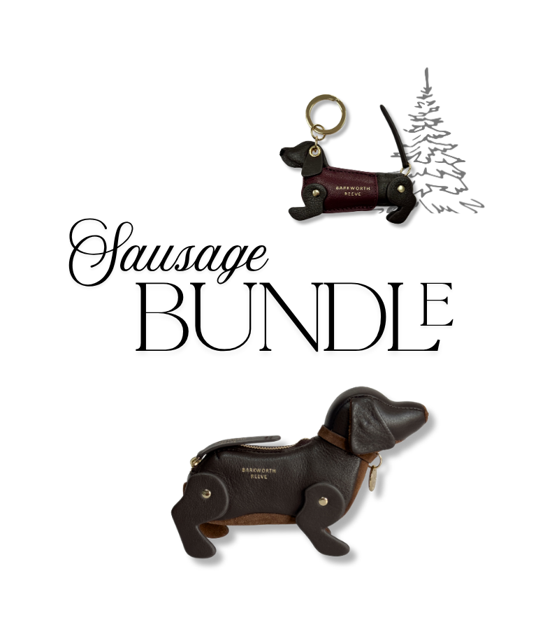 A product collage on a white background showing a dachshund-shaped keychain and a dachshund-shaped wallet, both in dark brown leather with gold-tone hardware. Large text reads 'Sausage BUNDLE' across the center.