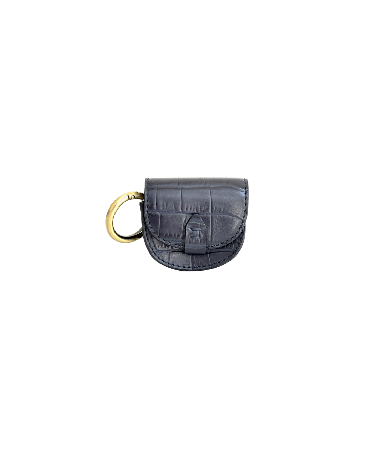 navy leather crocodile-patterned keychain pouch with gold ring on a white background