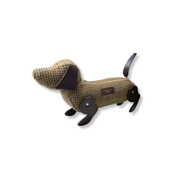 Sausage Dog Zipped Case in Green Tweed with Chocolate Brown Leather Details