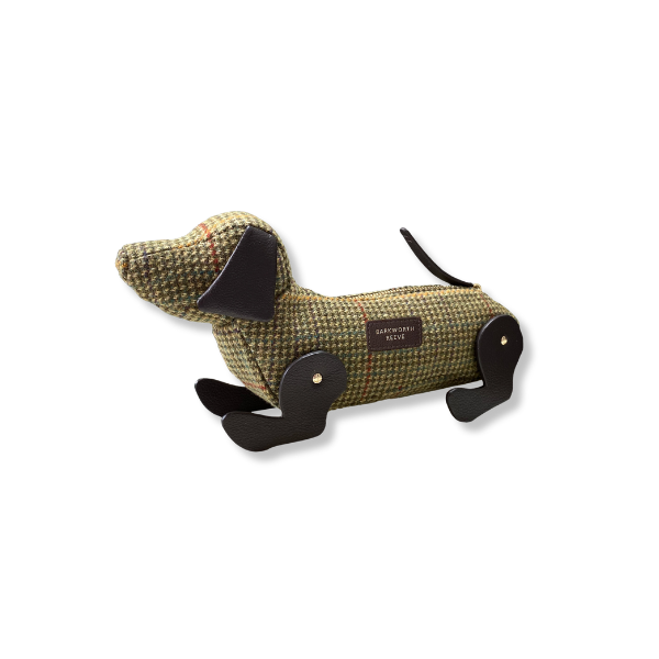 Sausage Dog Zipped Case in Green Tweed with Chocolate Brown Leather Details