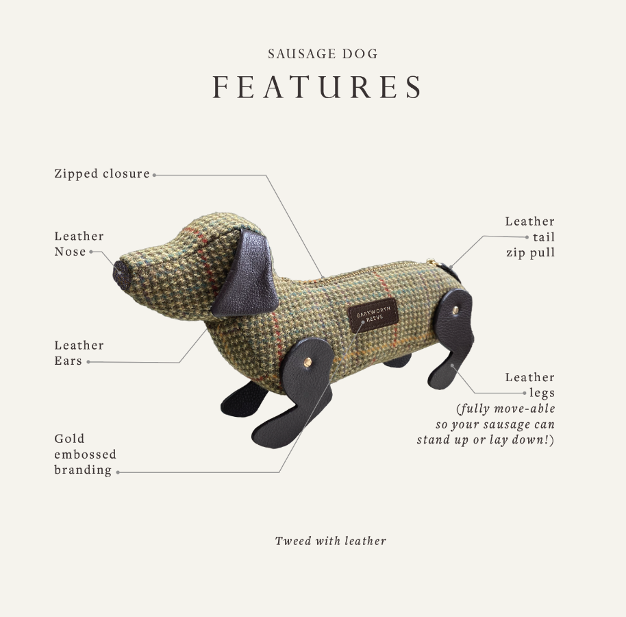 tweed sausage dog pencil case with features annotations 