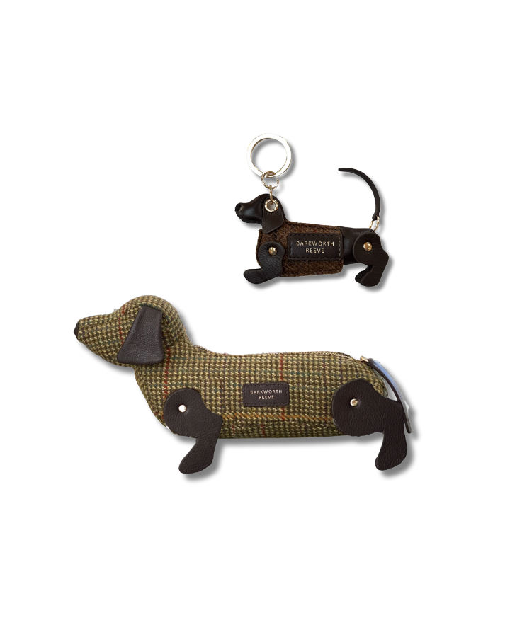 Sausage Dog Gift Set: Leather Keyring & Zipped Case in Tweed